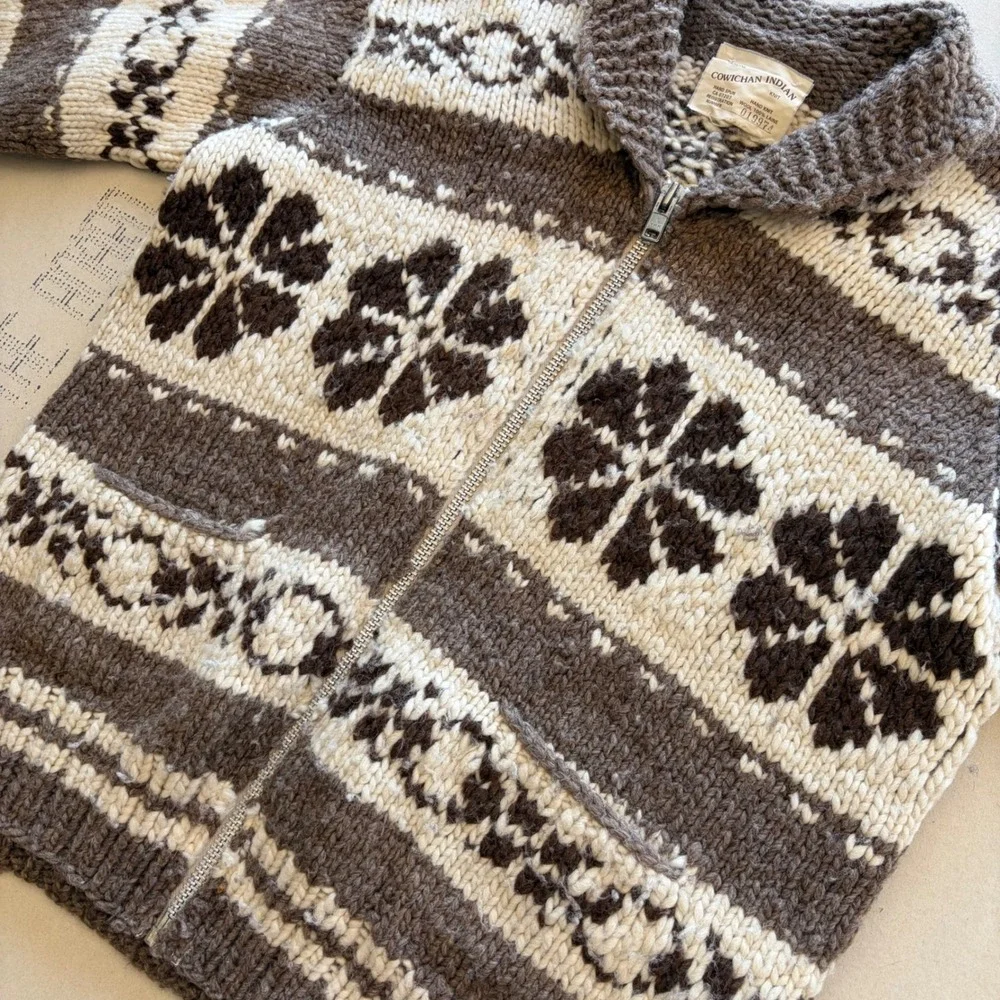 Vintage Cowichan Indian Hand Knit Wool Sweater Jacket